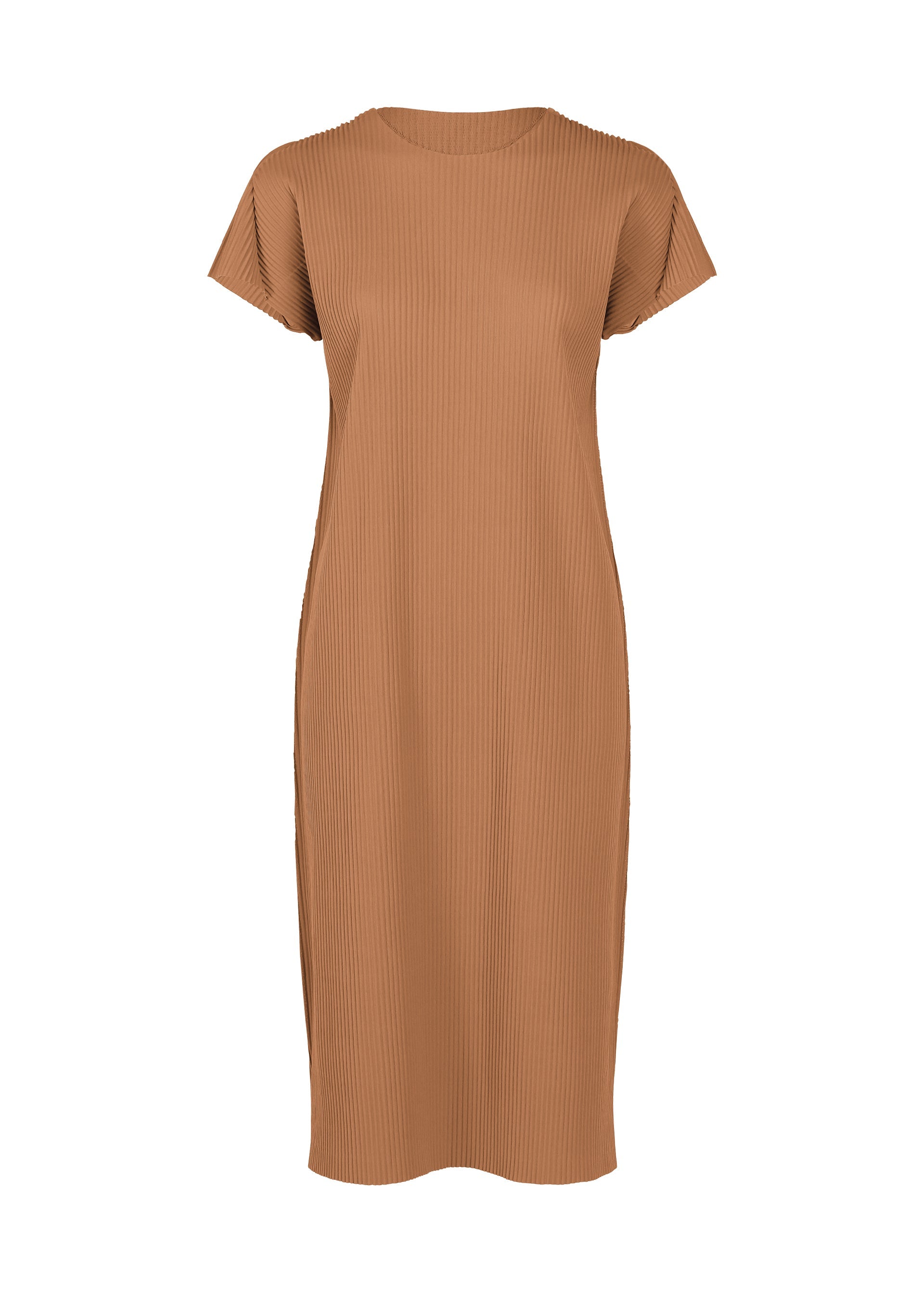 Zoomed view The FINE KNIT PLEATS COLOR 2 dress by me ISSEY MIYAKE is a short-sleeve, knee-length piece crafted from light brown ribbed fabric, with a crew neckline and straight silhouette, shown against a white background. - BROWN （no.44）