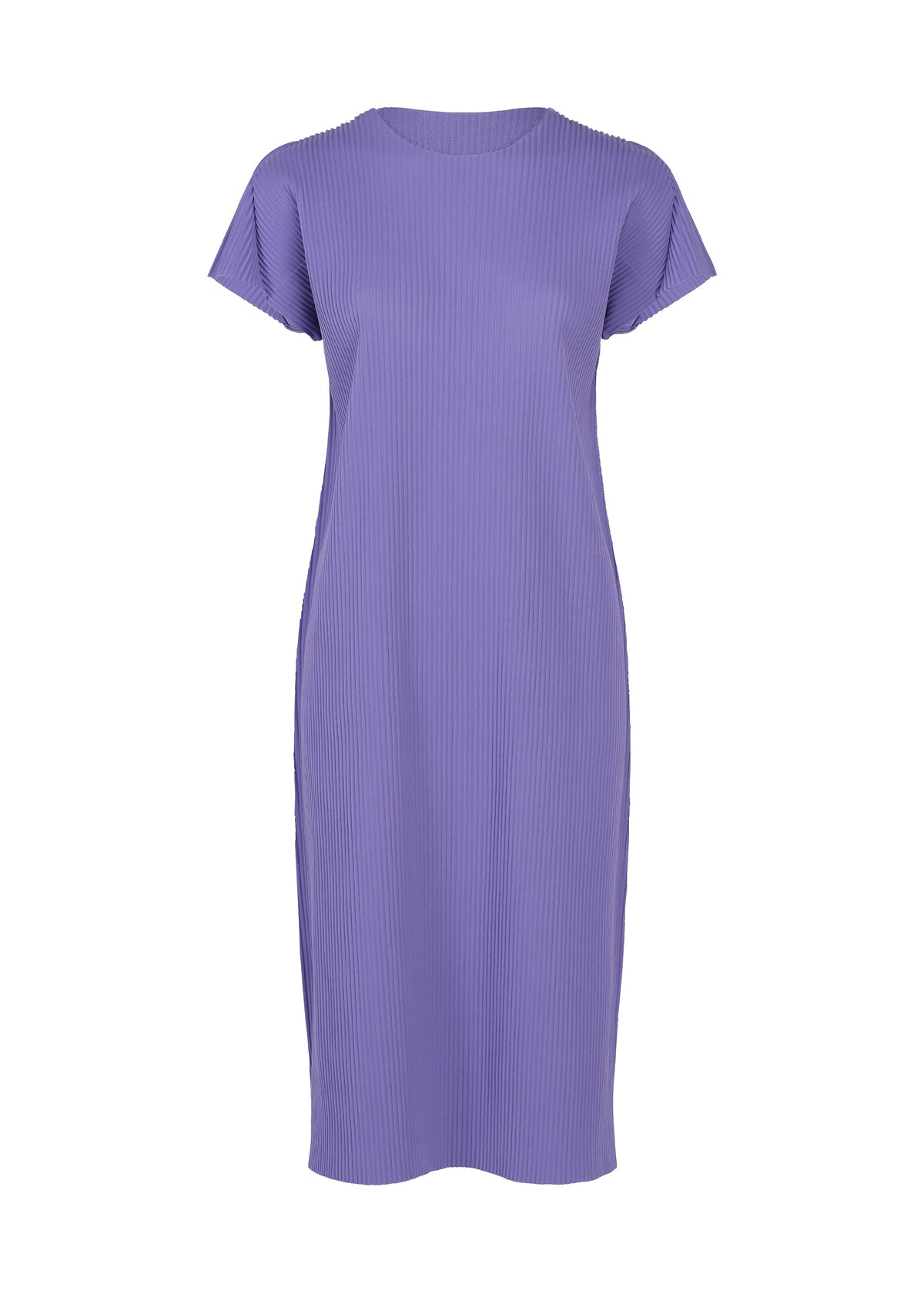 The FINE KNIT PLEATS COLOR 2 dress by me ISSEY MIYAKE is a knee-length, short-sleeve, lavender-colored lightweight knit dress with a simple, straight cut and a round neckline, displayed against a white background. view 4 of 9