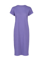 The FINE KNIT PLEATS COLOR 2 dress by me ISSEY MIYAKE is a knee-length, short-sleeve, lavender-colored lightweight knit dress with a simple, straight cut and a round neckline, displayed against a white background. - PURPLE （no.81）