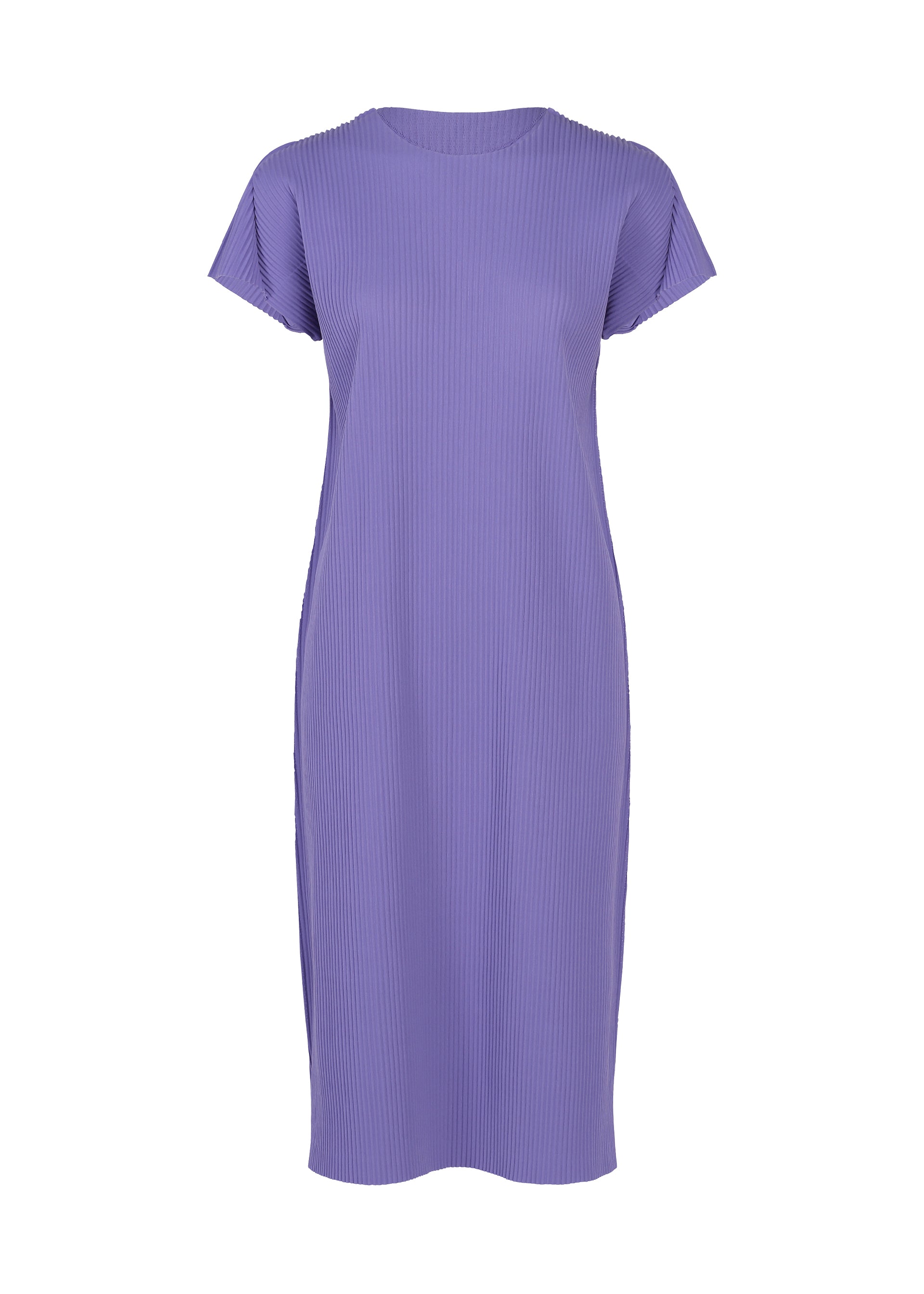 Zoomed view The FINE KNIT PLEATS COLOR 2 dress by me ISSEY MIYAKE is a knee-length, short-sleeve, lavender-colored lightweight knit dress with a simple, straight cut and a round neckline, displayed against a white background. - PURPLE （no.81）