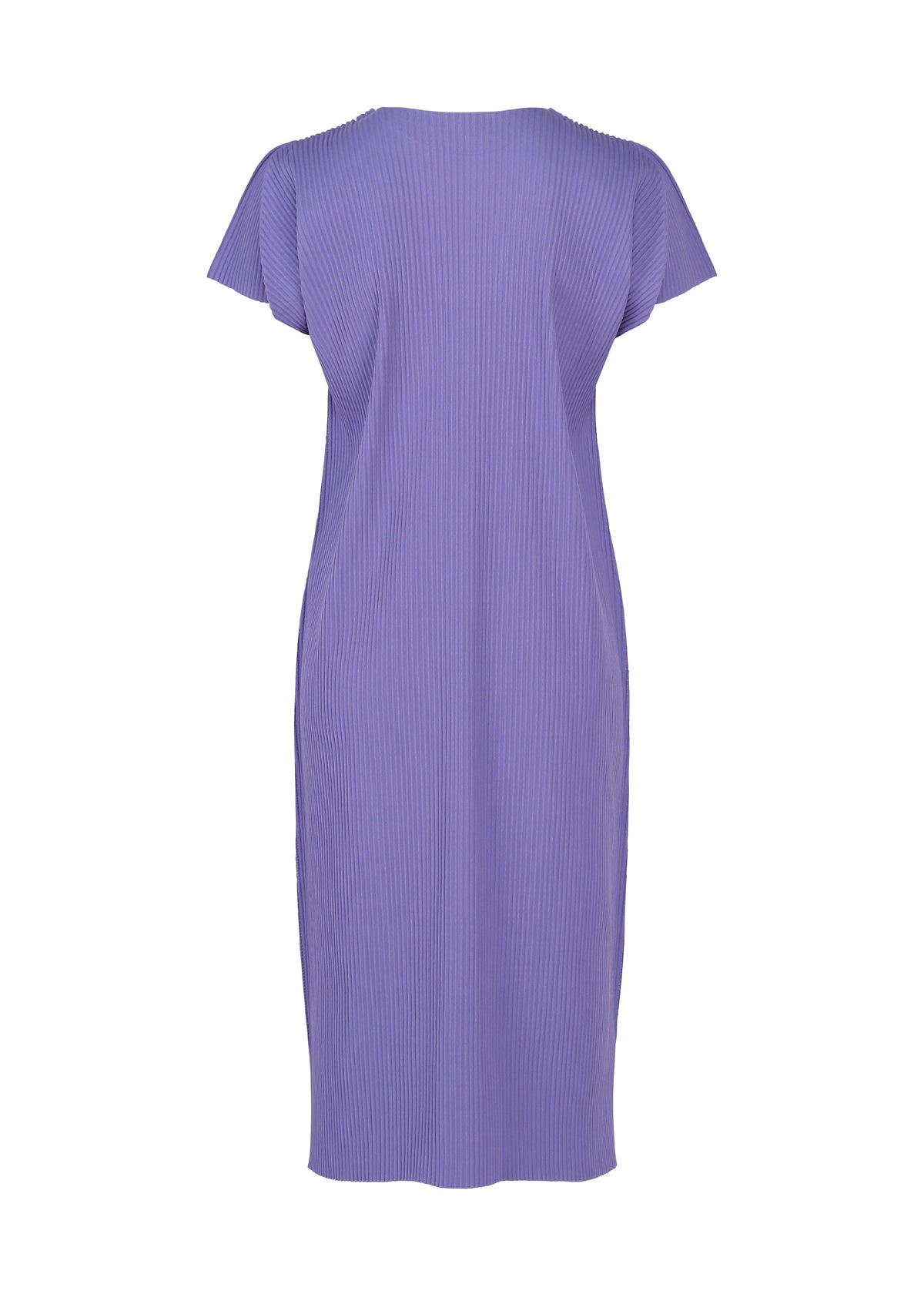 A back view of the FINE KNIT PLEATS COLOR 2 dress by me ISSEY MIYAKE showcases a short-sleeve, knee-length, purple ribbed design with a straight cut and minimalistic style; this lightweight knit dress offers effortless comfort and elegance. view 5 of 9