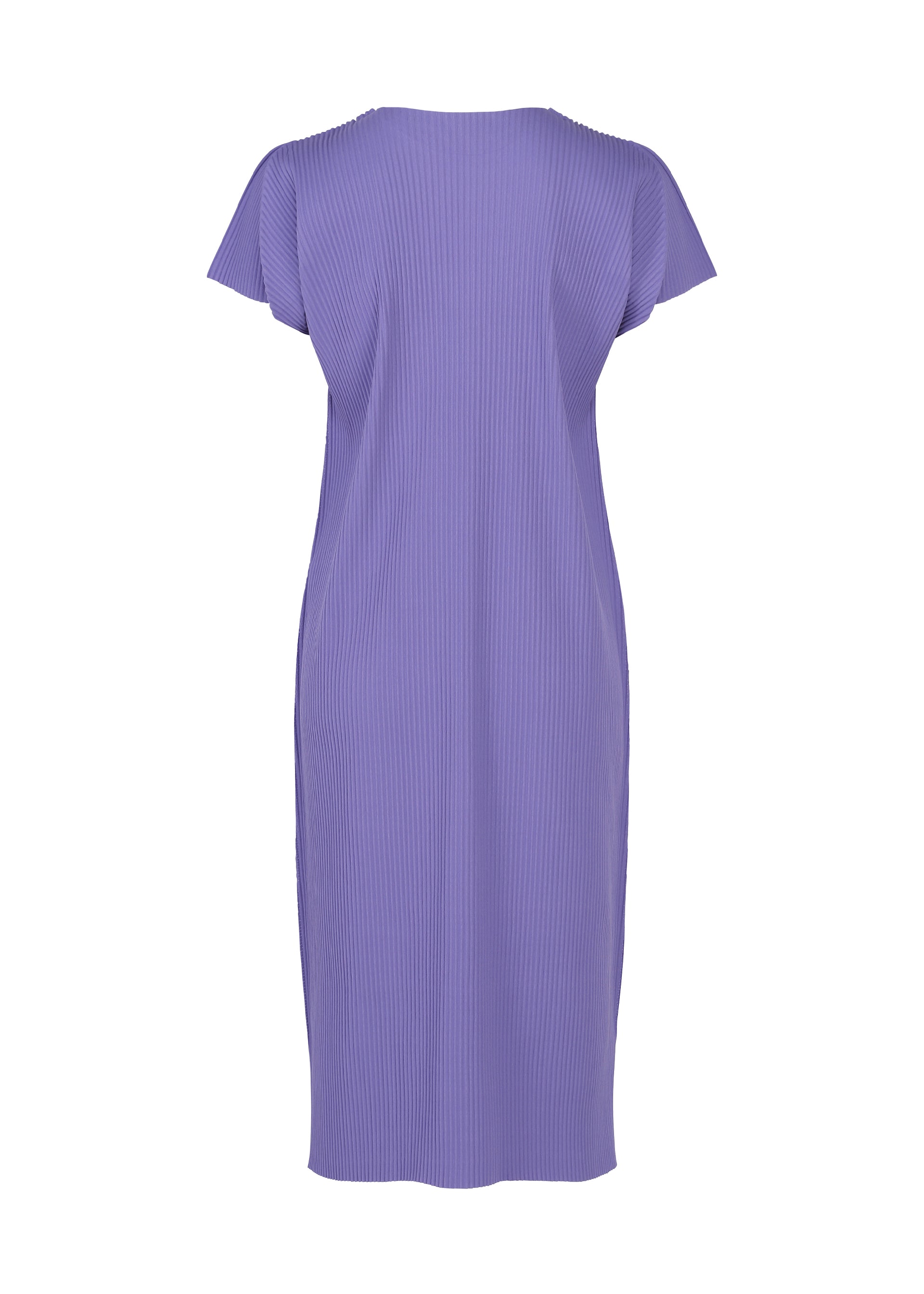 Zoomed view A back view of the FINE KNIT PLEATS COLOR 2 dress by me ISSEY MIYAKE showcases a short-sleeve, knee-length, purple ribbed design with a straight cut and minimalistic style; this lightweight knit dress offers effortless comfort and elegance.