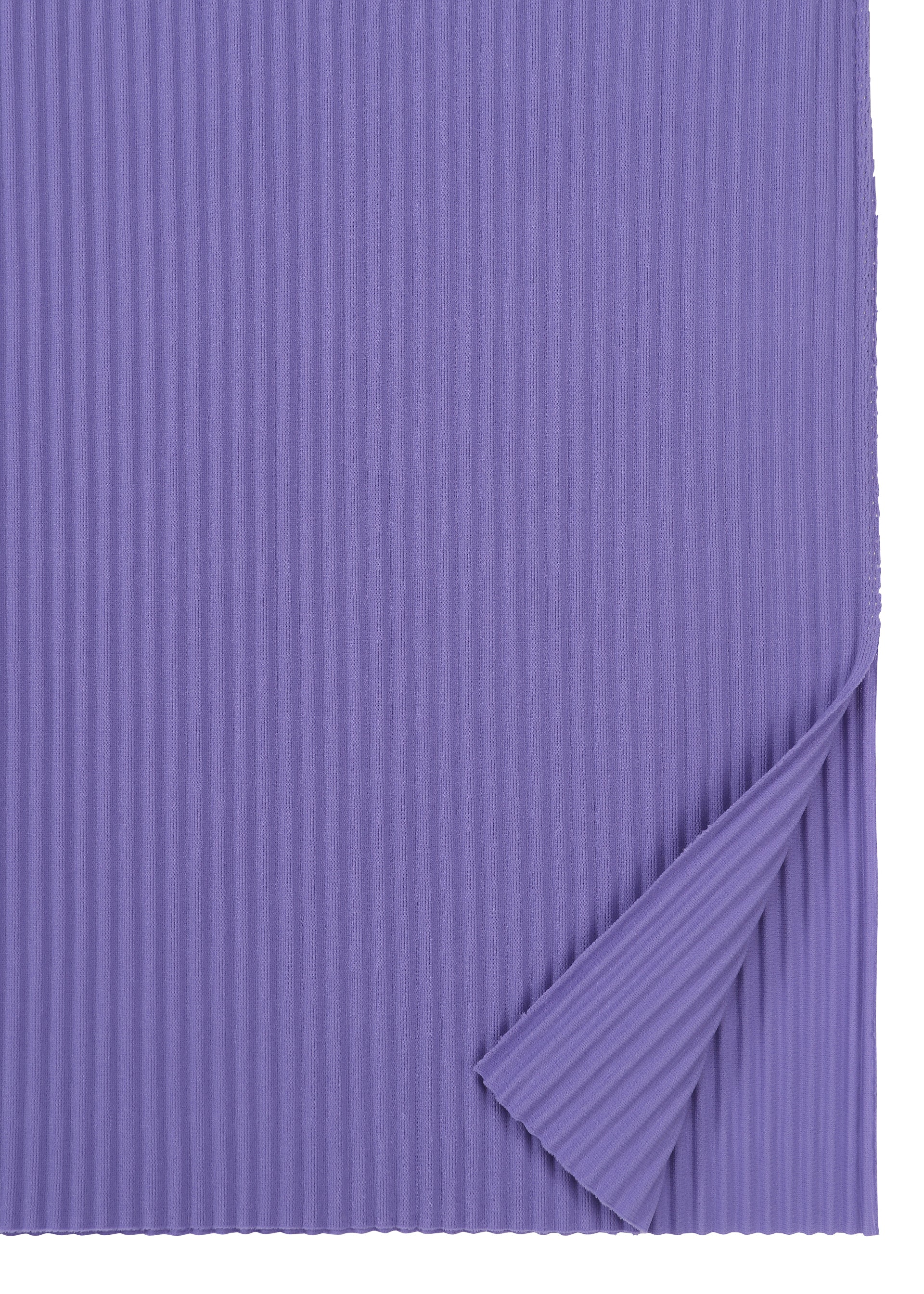 Zoomed view A sheet of corrugated paper in a rich purple, featuring vertical ridges and partially folded at the bottom right corner to reveal its texture and flexibility—evoking the delicate structure of the FINE KNIT PLEATS COLOR 2 dress by me ISSEY MIYAKE.
