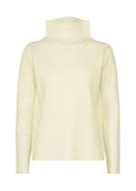 The FINE KNIT PLEATS top by me ISSEY MIYAKE is a cream-colored, long-sleeved, ribbed high-neck with fine knit pleats and a relaxed fit, shown against a plain white background. - WHITE （no.01）