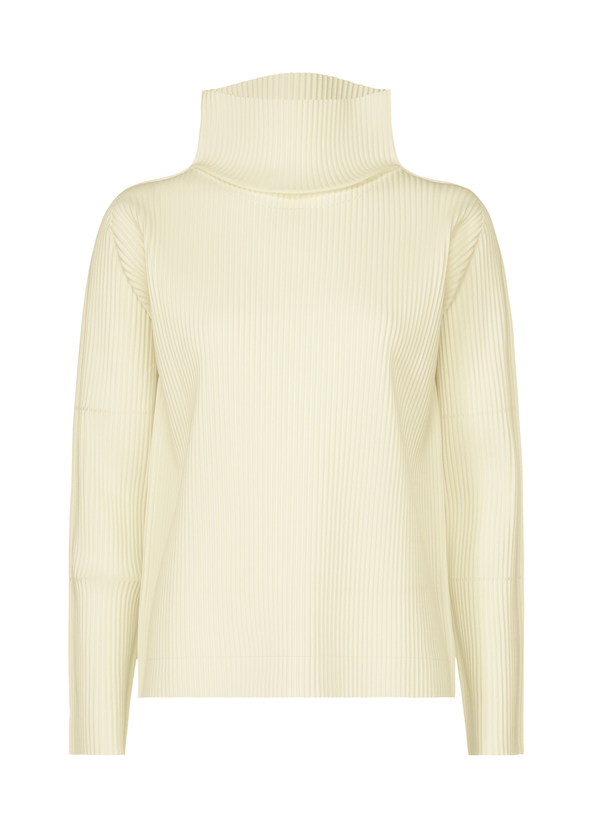 Zoomed view The FINE KNIT PLEATS top by me ISSEY MIYAKE is a cream-colored, long-sleeved, ribbed high-neck with fine knit pleats and a relaxed fit, shown against a plain white background. - WHITE （no.01）