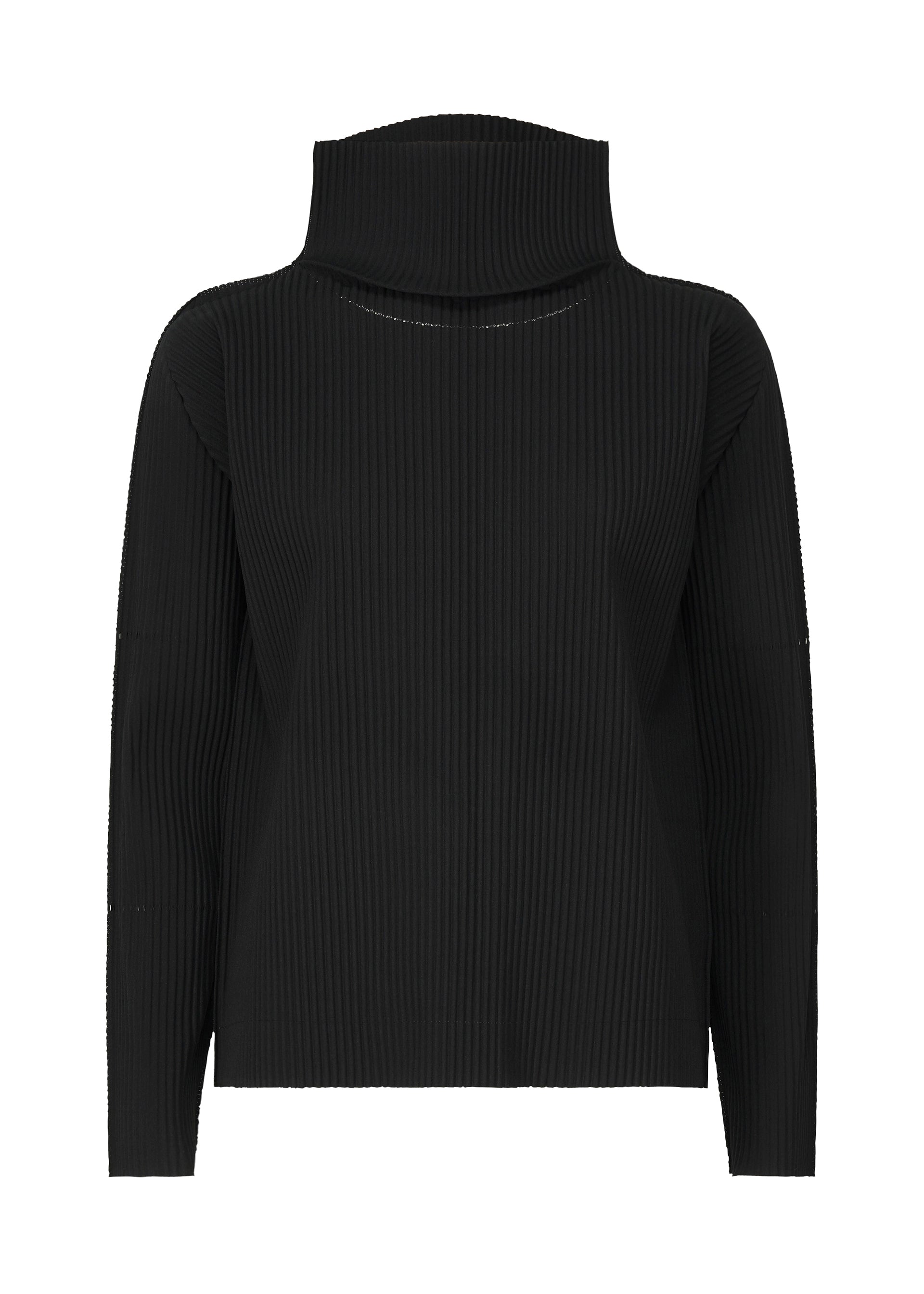 Zoomed view The FINE KNIT PLEATS by me ISSEY MIYAKE is a black, long-sleeved ribbed knit top with fine pleats, featuring a high, wide turtleneck and a relaxed fit. - BLACK （no.15）