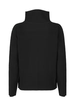 The FINE KNIT PLEATS top by me ISSEY MIYAKE is a black, long-sleeved garment with a high collar, shown from the back. It features vertical pleats in fine knit and straight hems on both sleeves and bottom.