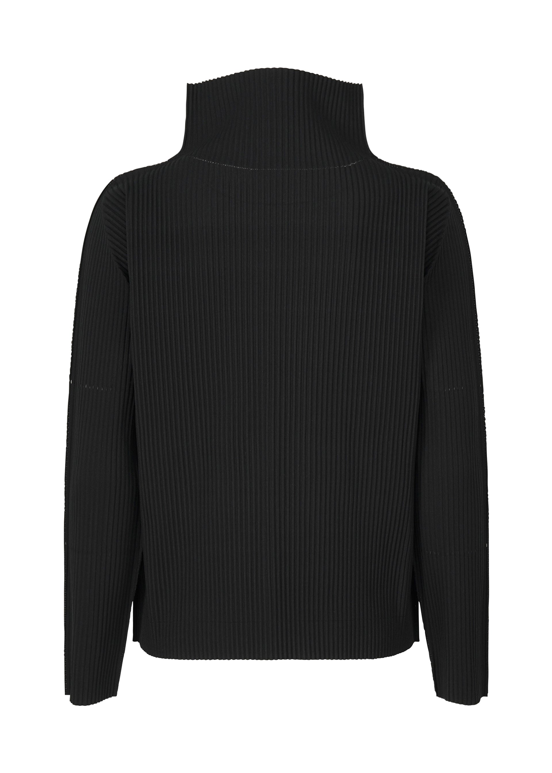 Zoomed view The FINE KNIT PLEATS top by me ISSEY MIYAKE is a black, long-sleeved garment with a high collar, shown from the back. It features vertical pleats in fine knit and straight hems on both sleeves and bottom.