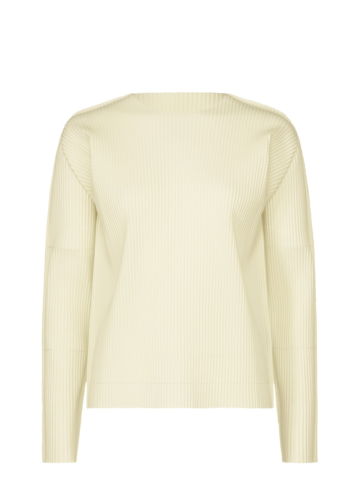 The FINE KNIT PLEATS long-sleeved top by me ISSEY MIYAKE features ribbed fine knit pleats and a classic crew neckline in light beige, shown against a plain white background. view 1 of 6