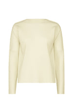 The FINE KNIT PLEATS long-sleeved top by me ISSEY MIYAKE features ribbed fine knit pleats and a classic crew neckline in light beige, shown against a plain white background. - WHITE （no.01）