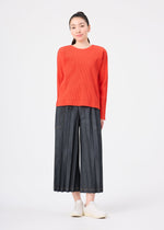 A woman stands against a white background, wearing a long-sleeved red round-neck top, the FINE KNIT PLEATS COLOR 2 wide-leg gray pleated pants by me ISSEY MIYAKE, and white sneakers. Her straight dark hair is tied back, and she smiles gently.