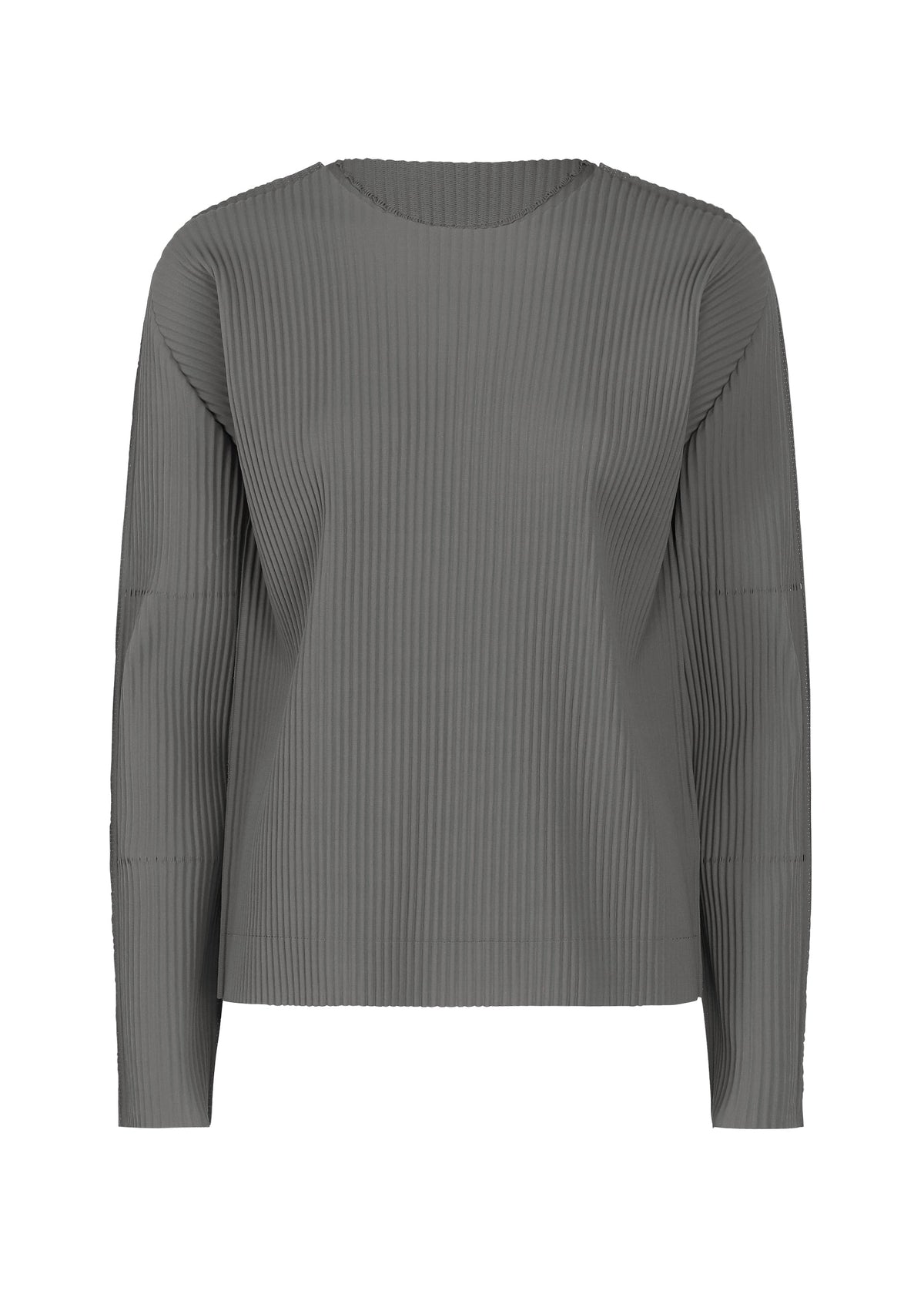 A long-sleeved gray sweater from me ISSEY MIYAKE, named FINE KNIT PLEATS COLOR 2, featuring fine knit pleats, ribbed texture, and a crew neckline, shown on a plain white background. view 1 of 8