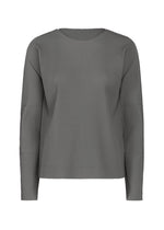 A long-sleeved gray sweater from me ISSEY MIYAKE, named FINE KNIT PLEATS COLOR 2, featuring fine knit pleats, ribbed texture, and a crew neckline, shown on a plain white background. - CHARCOAL （no.14）