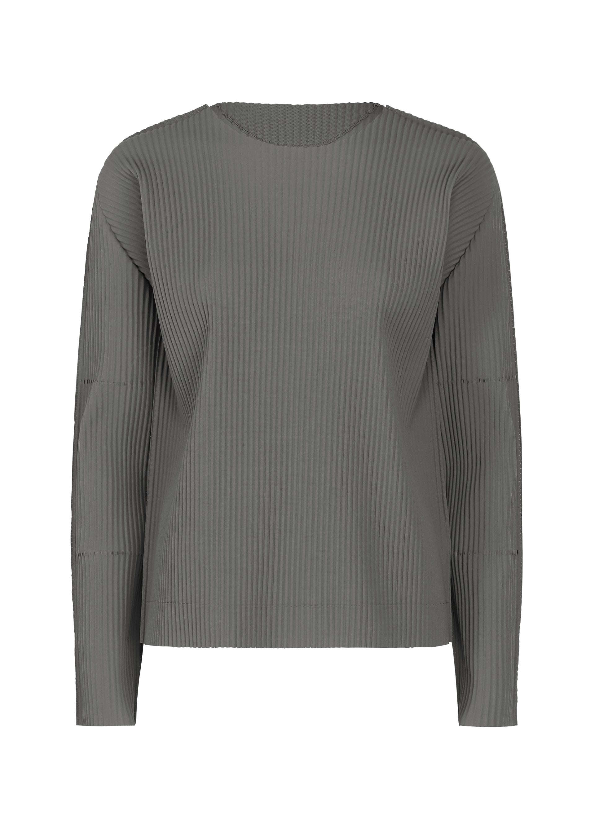 Zoomed view A long-sleeved gray sweater from me ISSEY MIYAKE, named FINE KNIT PLEATS COLOR 2, featuring fine knit pleats, ribbed texture, and a crew neckline, shown on a plain white background. - CHARCOAL （no.14）