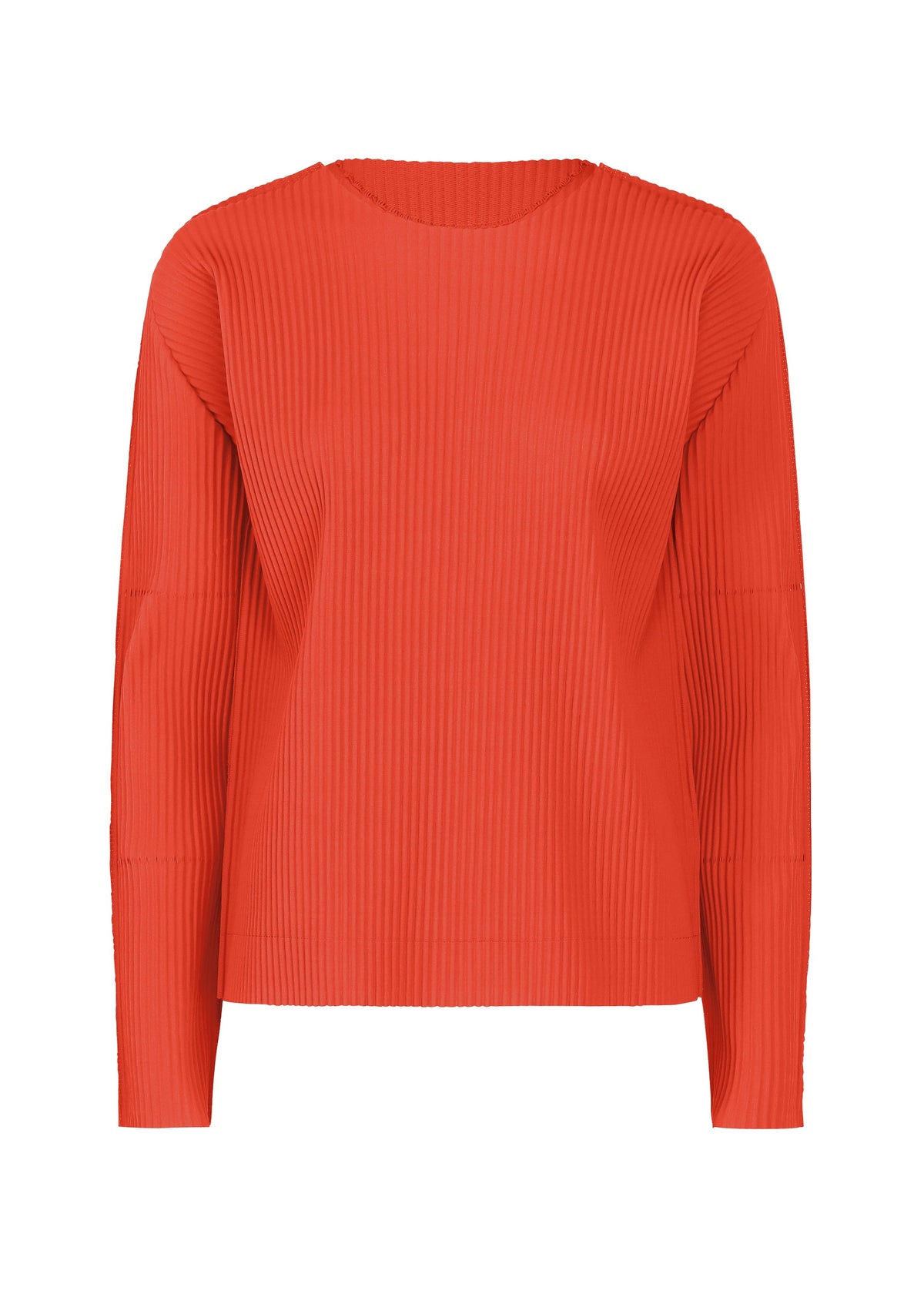 The FINE KNIT PLEATS COLOR 2 by me ISSEY MIYAKE is a long-sleeved, ribbed top in bright orange with a classic round neckline, shown against a plain white background. view 2 of 8