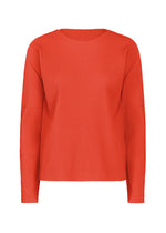 The FINE KNIT PLEATS COLOR 2 by me ISSEY MIYAKE is a long-sleeved, ribbed top in bright orange with a classic round neckline, shown against a plain white background. - RED （no.24）