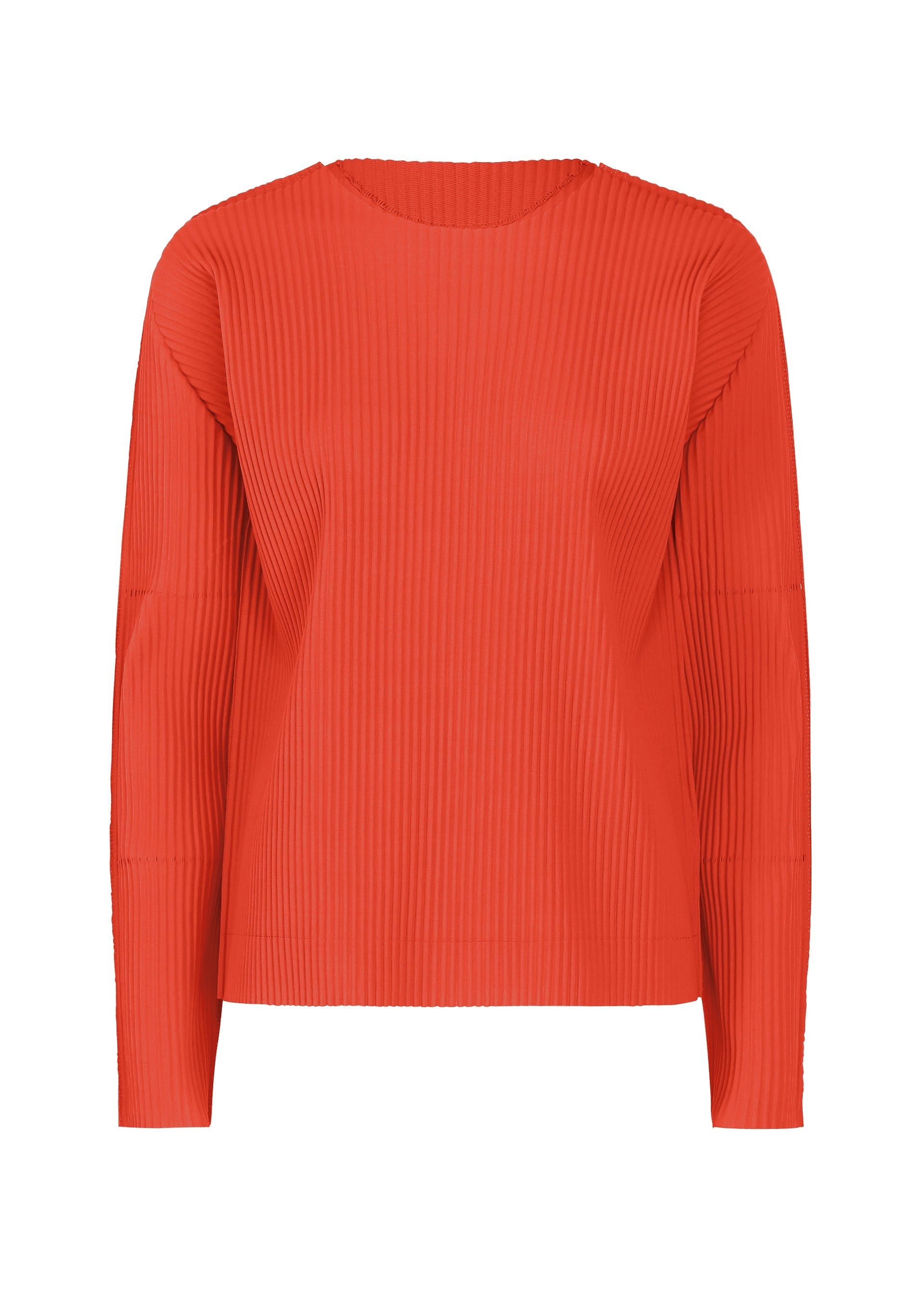 Zoomed view The FINE KNIT PLEATS COLOR 2 by me ISSEY MIYAKE is a long-sleeved, ribbed top in bright orange with a classic round neckline, shown against a plain white background. - RED （no.24）