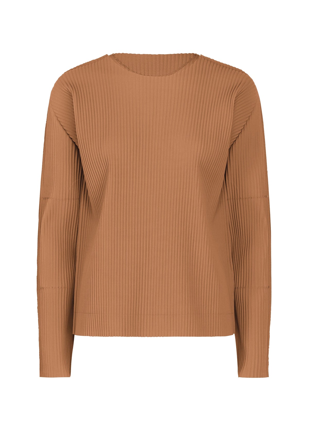 Here’s the revised sentence using the provided product data: The FINE KNIT PLEATS COLOR 2 sweater by me ISSEY MIYAKE features a tan hue, long sleeves, ribbed texture, fine knit pleats, a crew neckline, and a relaxed fit. It is photographed against a plain white background. view 3 of 8