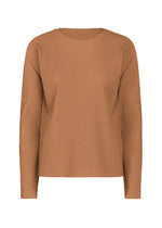 Here’s the revised sentence using the provided product data: The FINE KNIT PLEATS COLOR 2 sweater by me ISSEY MIYAKE features a tan hue, long sleeves, ribbed texture, fine knit pleats, a crew neckline, and a relaxed fit. It is photographed against a plain white background. - BROWN （no.44）