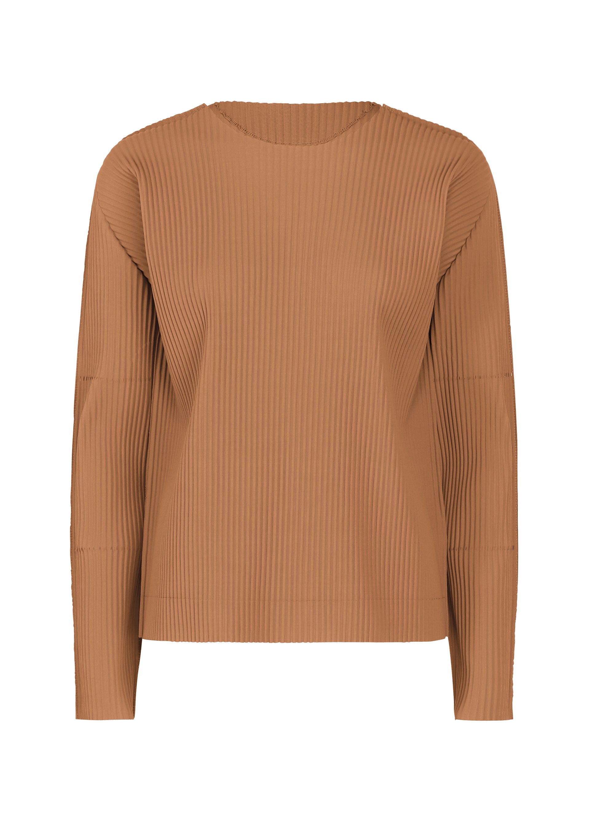 Zoomed view Here’s the revised sentence using the provided product data: The FINE KNIT PLEATS COLOR 2 sweater by me ISSEY MIYAKE features a tan hue, long sleeves, ribbed texture, fine knit pleats, a crew neckline, and a relaxed fit. It is photographed against a plain white background. - BROWN （no.44）