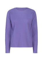 The FINE KNIT PLEATS COLOR 2 long-sleeve top by me ISSEY MIYAKE features fine knit pleats, a classic crew neckline, and comes in a lavender hue, showcased against a plain white background. - PURPLE （no.81）
