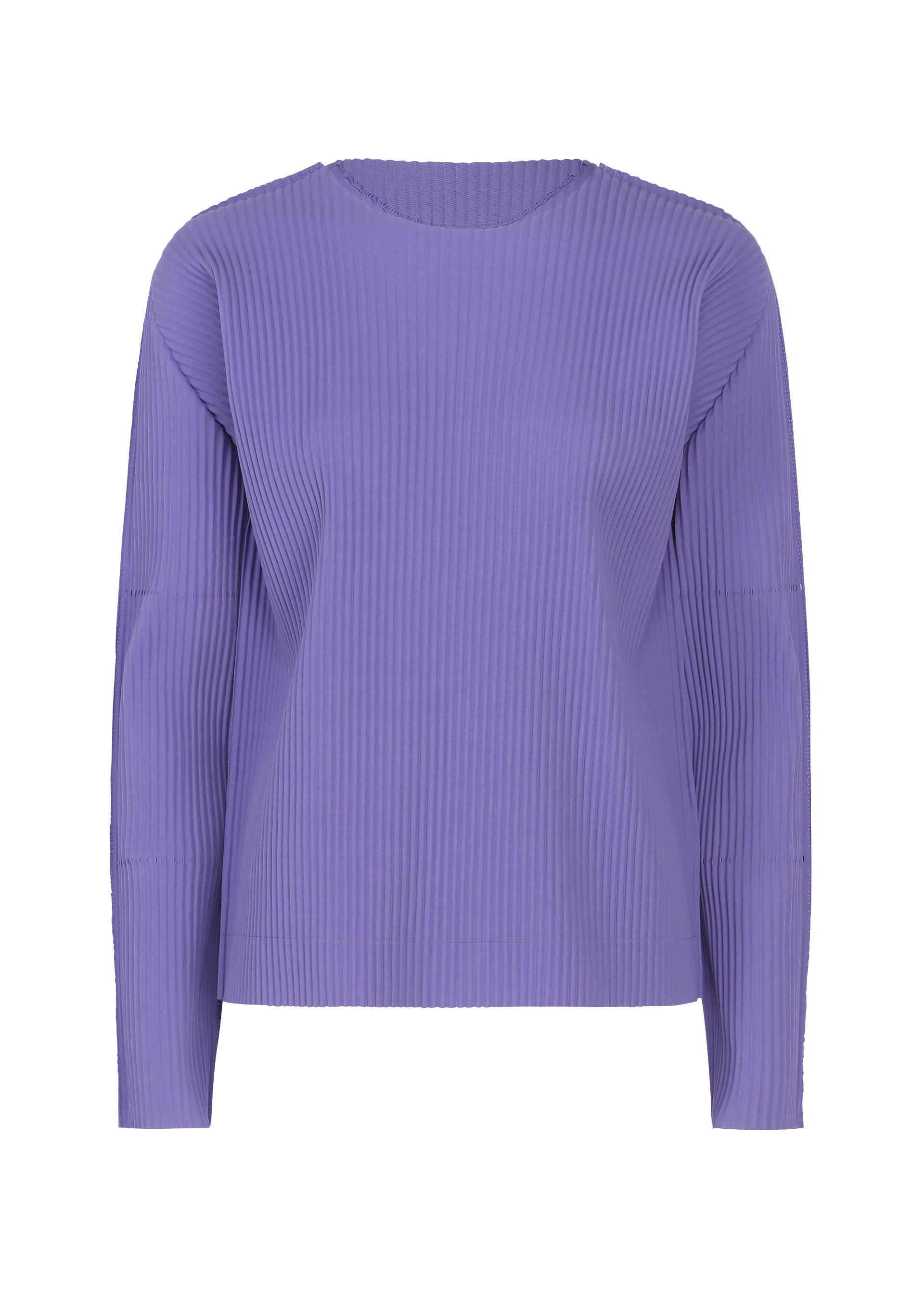 Zoomed view The FINE KNIT PLEATS COLOR 2 long-sleeve top by me ISSEY MIYAKE features fine knit pleats, a classic crew neckline, and comes in a lavender hue, showcased against a plain white background. - PURPLE （no.81）