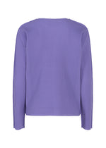 The FINE KNIT PLEATS COLOR 2 long-sleeve, ribbed purple round-neck top by me ISSEY MIYAKE is shown from the back against a white background.