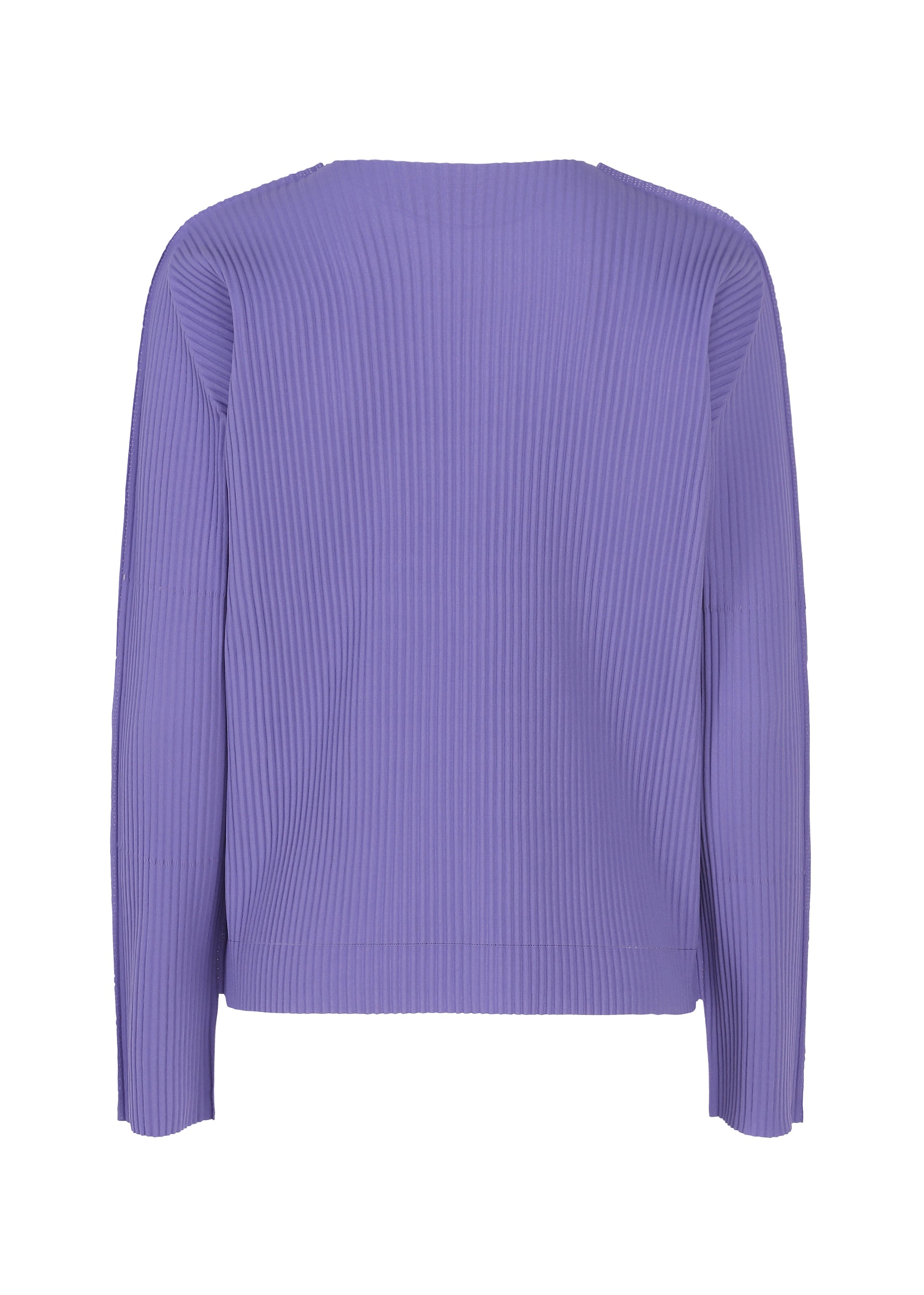 Zoomed view The FINE KNIT PLEATS COLOR 2 long-sleeve, ribbed purple round-neck top by me ISSEY MIYAKE is shown from the back against a white background.
