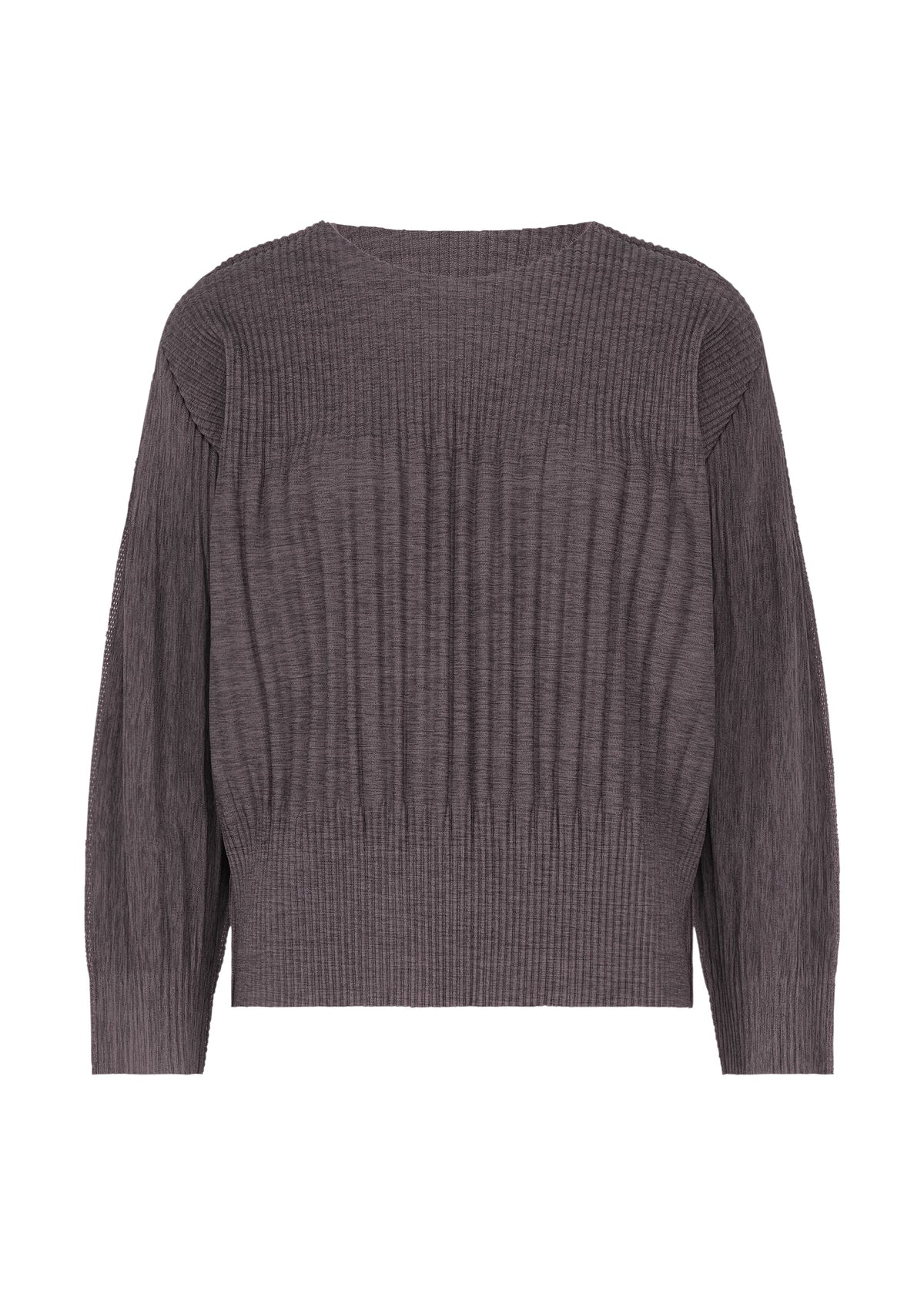 The MIX FINE KNIT PLEATS by me ISSEY MIYAKE is a gray, long-sleeved top with melange texture, varied ribbing, fine knit pleats, a round neckline, and a boxy relaxed fit on a white background. view 1 of 8
