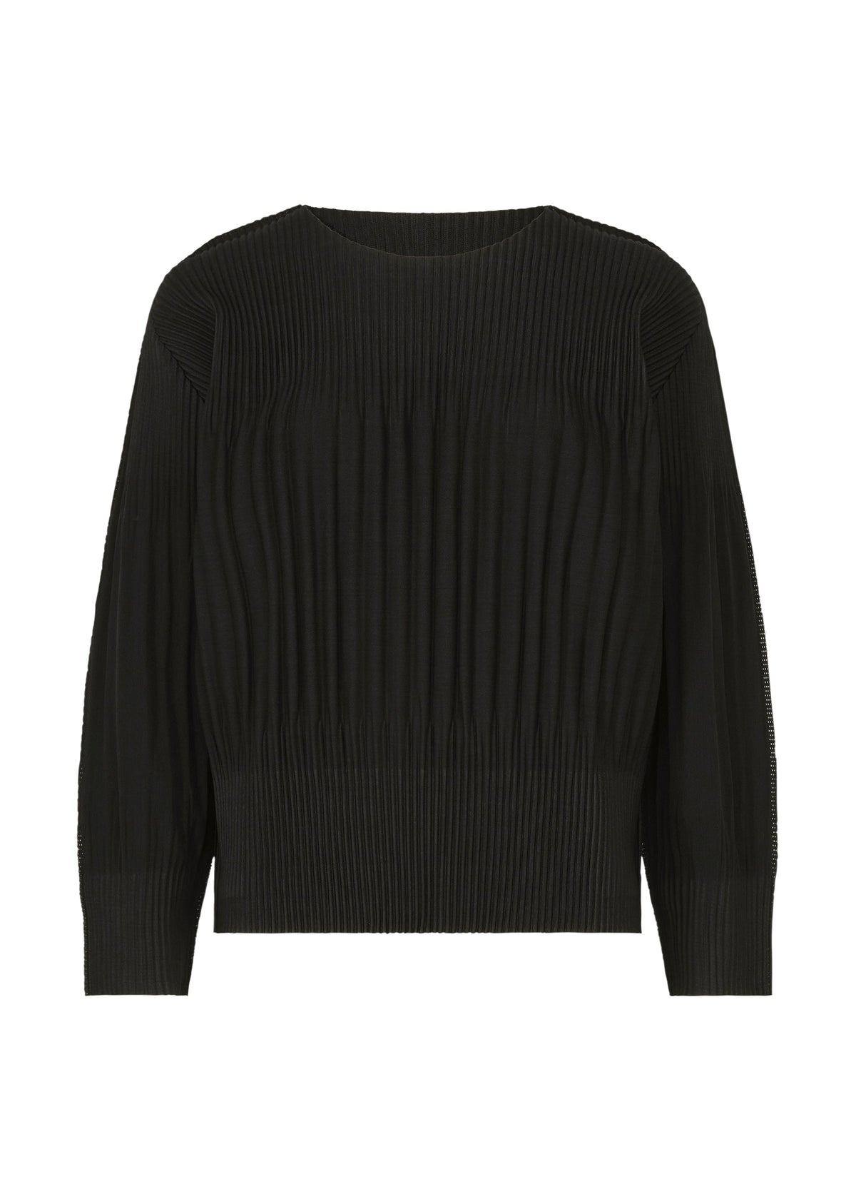 Zoomed view The MIX FINE KNIT PLEATS by me ISSEY MIYAKE is a black, long-sleeved top with a round neckline, melange-textured fabric, fine knit pleats, and fitted hem and cuffs for a polished look. - BLACK-HUED （no.19）