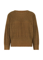 The MIX FINE KNIT PLEATS by me ISSEY MIYAKE is a brown long-sleeve sweater with fine knit pleats, melange texture, ribbed patterns, a round neckline, and a relaxed fit. - ORANGE-HUED （no.39）