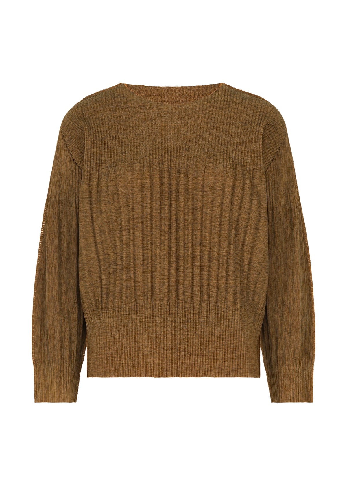 Zoomed view The MIX FINE KNIT PLEATS by me ISSEY MIYAKE is a brown long-sleeve sweater with fine knit pleats, melange texture, ribbed patterns, a round neckline, and a relaxed fit. - ORANGE-HUED （no.39）
