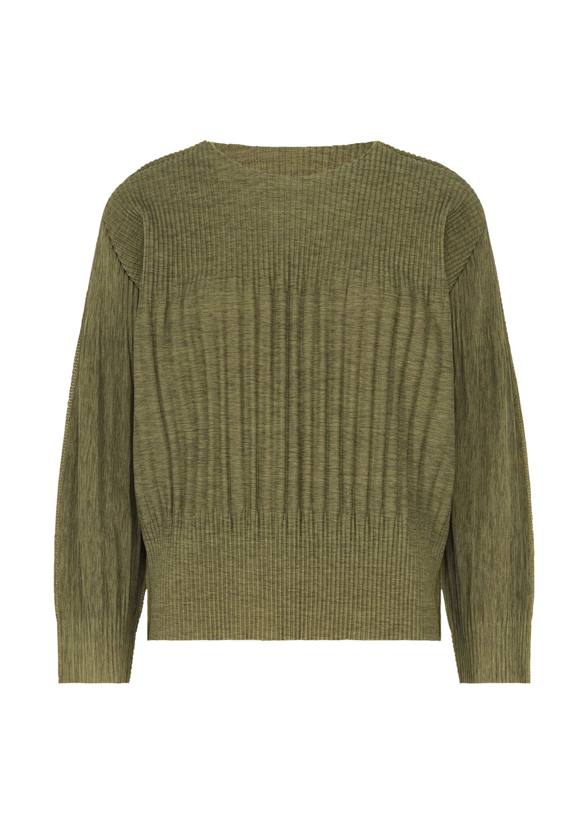 The MIX FINE KNIT PLEATS by me ISSEY MIYAKE is an olive green long-sleeved top with a melange texture, ribbed body and sleeves, round neckline, and relaxed fit. view 4 of 8