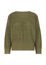 The MIX FINE KNIT PLEATS by me ISSEY MIYAKE is an olive green long-sleeved top with a melange texture, ribbed body and sleeves, round neckline, and relaxed fit. - YELLOW-HUED （no.59）