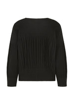 MIX FINE KNIT PLEATS by me ISSEY MIYAKE: black long-sleeved top with fine knit pleats, ribbed texture, vertical lines, melange details, and a relaxed fit shown from the back.