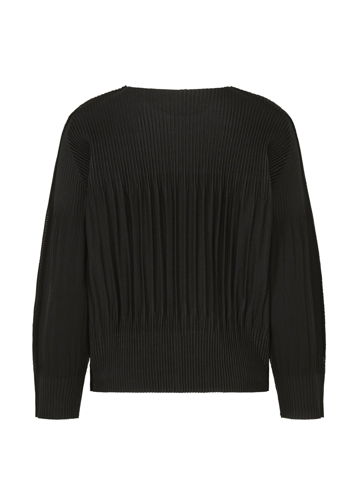 Zoomed view MIX FINE KNIT PLEATS by me ISSEY MIYAKE: black long-sleeved top with fine knit pleats, ribbed texture, vertical lines, melange details, and a relaxed fit shown from the back.