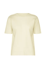 The me ISSEY MIYAKE FINE KNIT PLEATS is a relaxed-fit, light beige short-sleeve top with a ribbed, pleated texture and simple crew neck, shown against a white background. - WHITE （no.01）