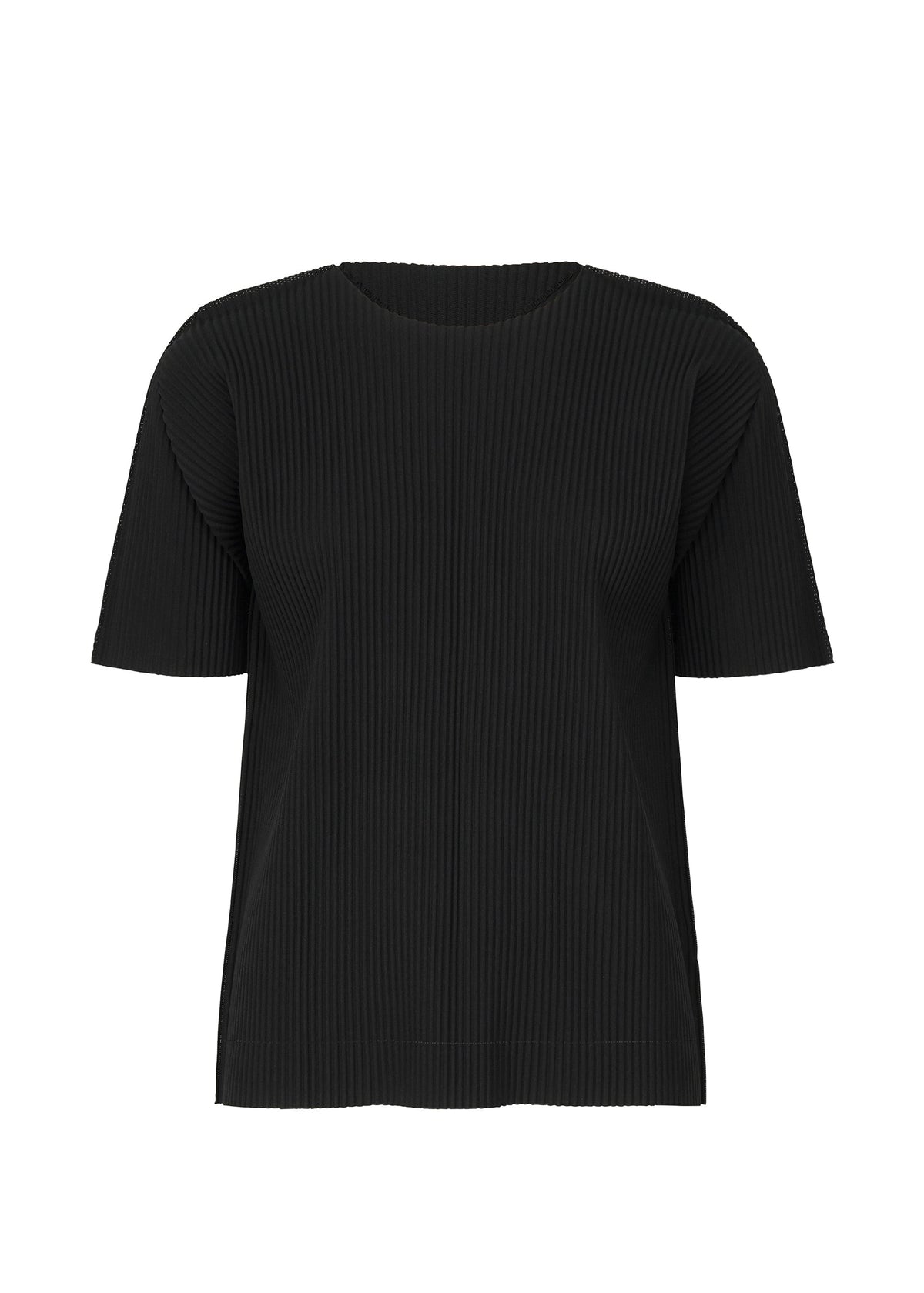 The FINE KNIT PLEATS top by me ISSEY MIYAKE is a black, short-sleeved style with fine knit pleats and a round neckline, shown against a plain white background. view 2 of 6
