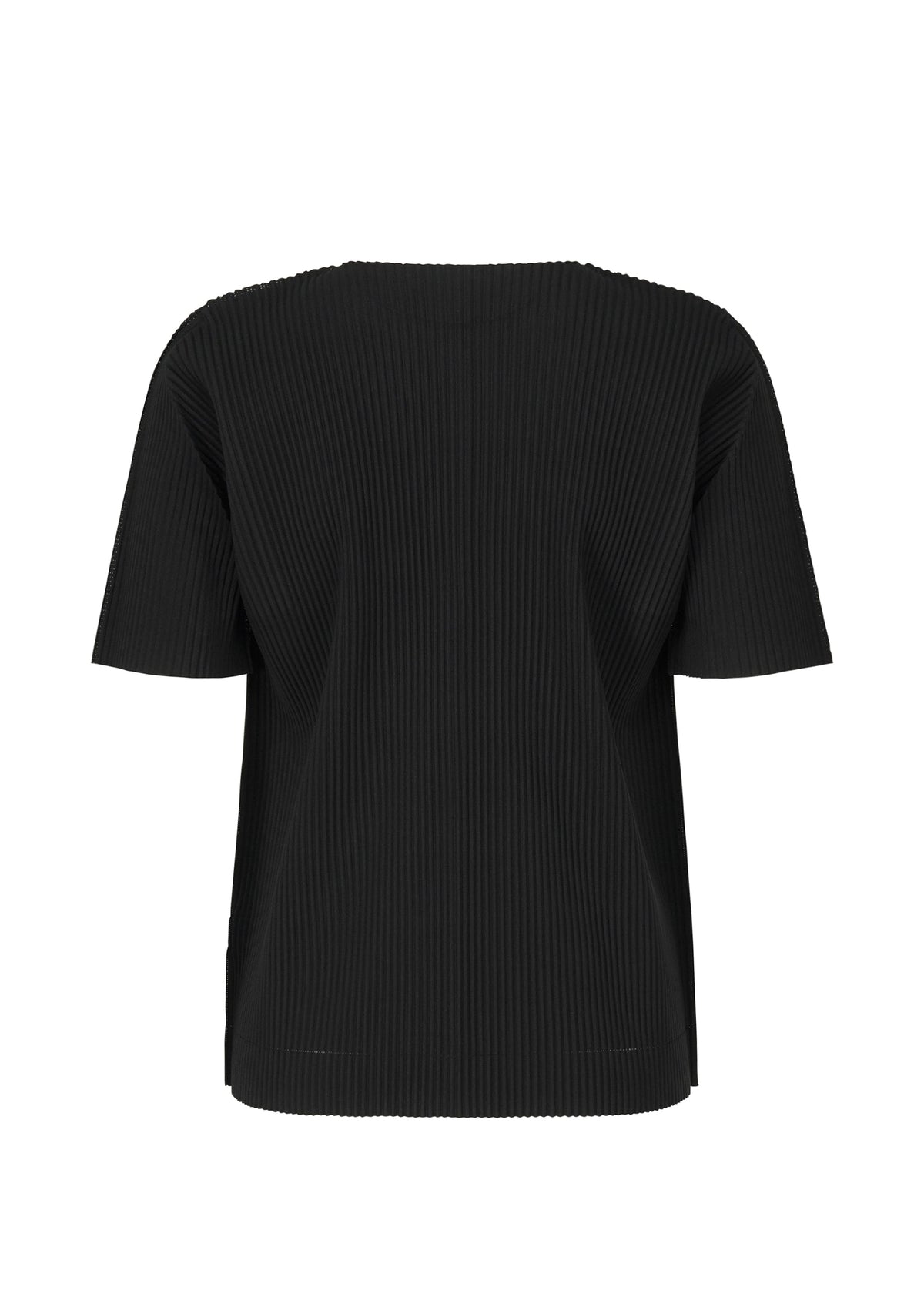 The FINE KNIT PLEATS top by me ISSEY MIYAKE, featuring a black ribbed texture and short sleeves, is shown from the back against a white background. view 3 of 6