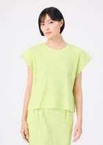 A person with short black hair models the MESH PLEATS set by me ISSEY MIYAKE—a light green, fine-knit pleated top and matching skirt—standing against a plain white background, looking calmly at the camera.