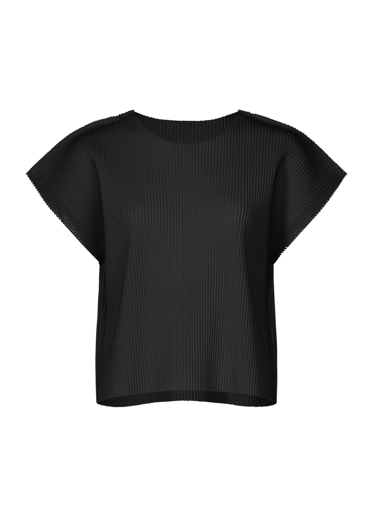 The MESH PLEATS by me ISSEY MIYAKE is a black, short-sleeved top made from lightweight knit with a round neckline and subtle vertical ribbed texture, shown against a plain white background. view 1 of 8