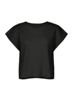 The MESH PLEATS by me ISSEY MIYAKE is a black, short-sleeved top made from lightweight knit with a round neckline and subtle vertical ribbed texture, shown against a plain white background. - BLACK （no.15）