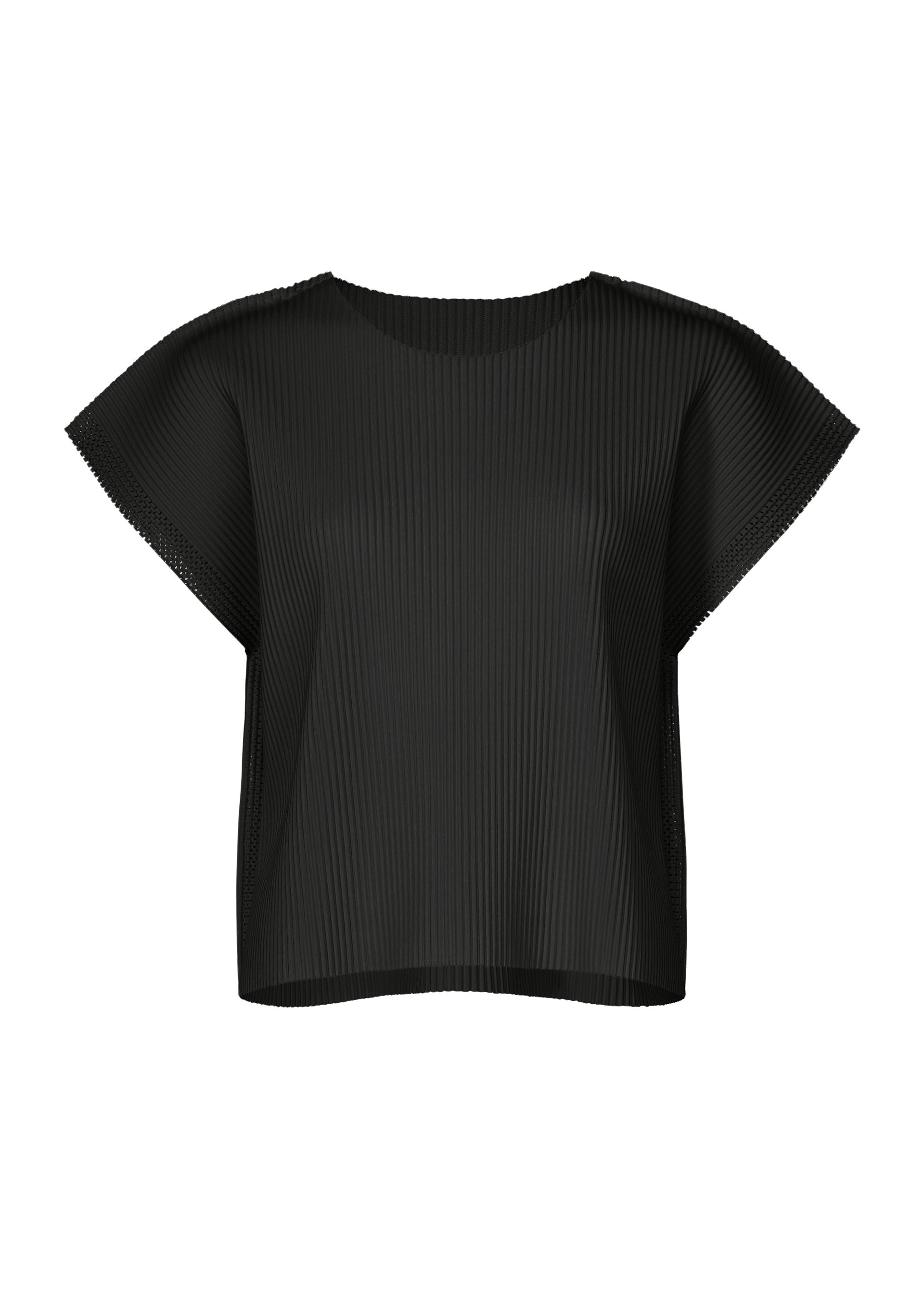 Zoomed view The MESH PLEATS by me ISSEY MIYAKE is a black, short-sleeved top made from lightweight knit with a round neckline and subtle vertical ribbed texture, shown against a plain white background. - BLACK （no.15）