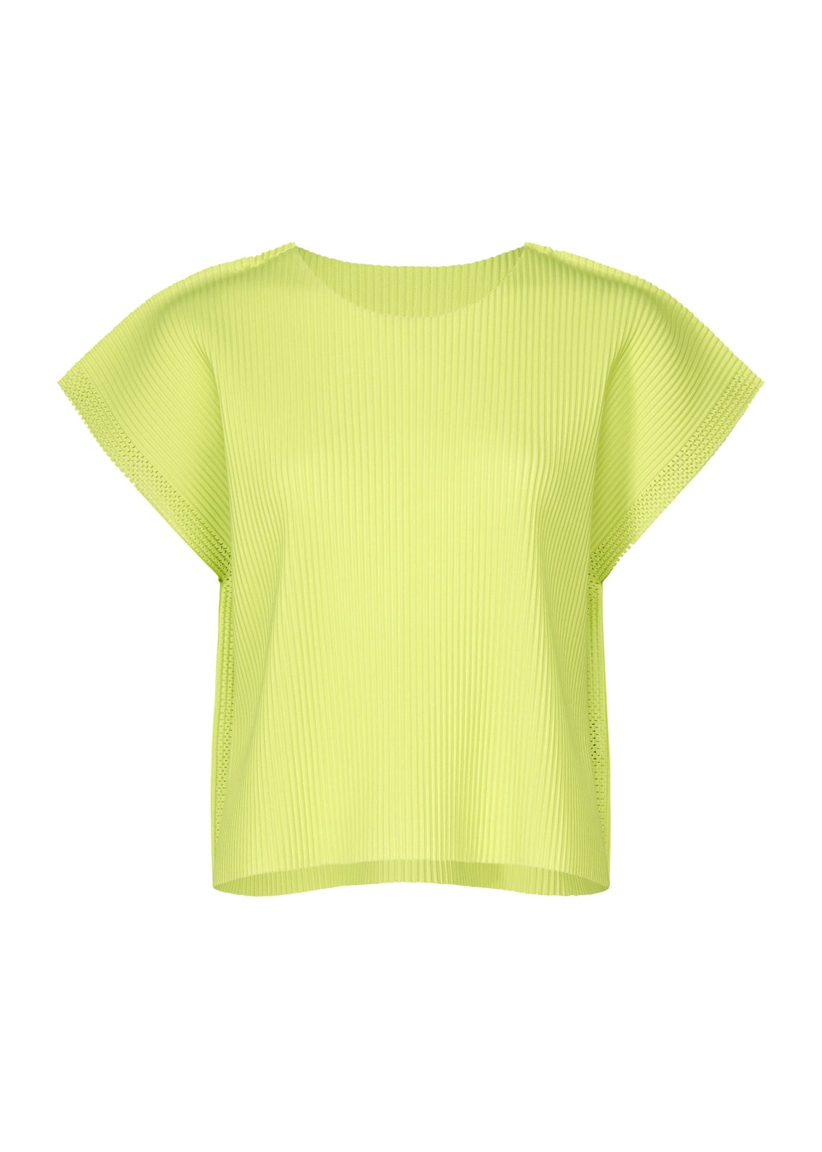 The MESH PLEATS top by me ISSEY MIYAKE is a short-sleeved, loose-fitting, bright yellow-green knit with fine pleats and wide sleeves, made from lightweight fabric and shown on a plain white background. view 2 of 8