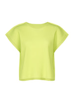 The MESH PLEATS top by me ISSEY MIYAKE is a short-sleeved, loose-fitting, bright yellow-green knit with fine pleats and wide sleeves, made from lightweight fabric and shown on a plain white background. - LIME YELLOW （no.51）