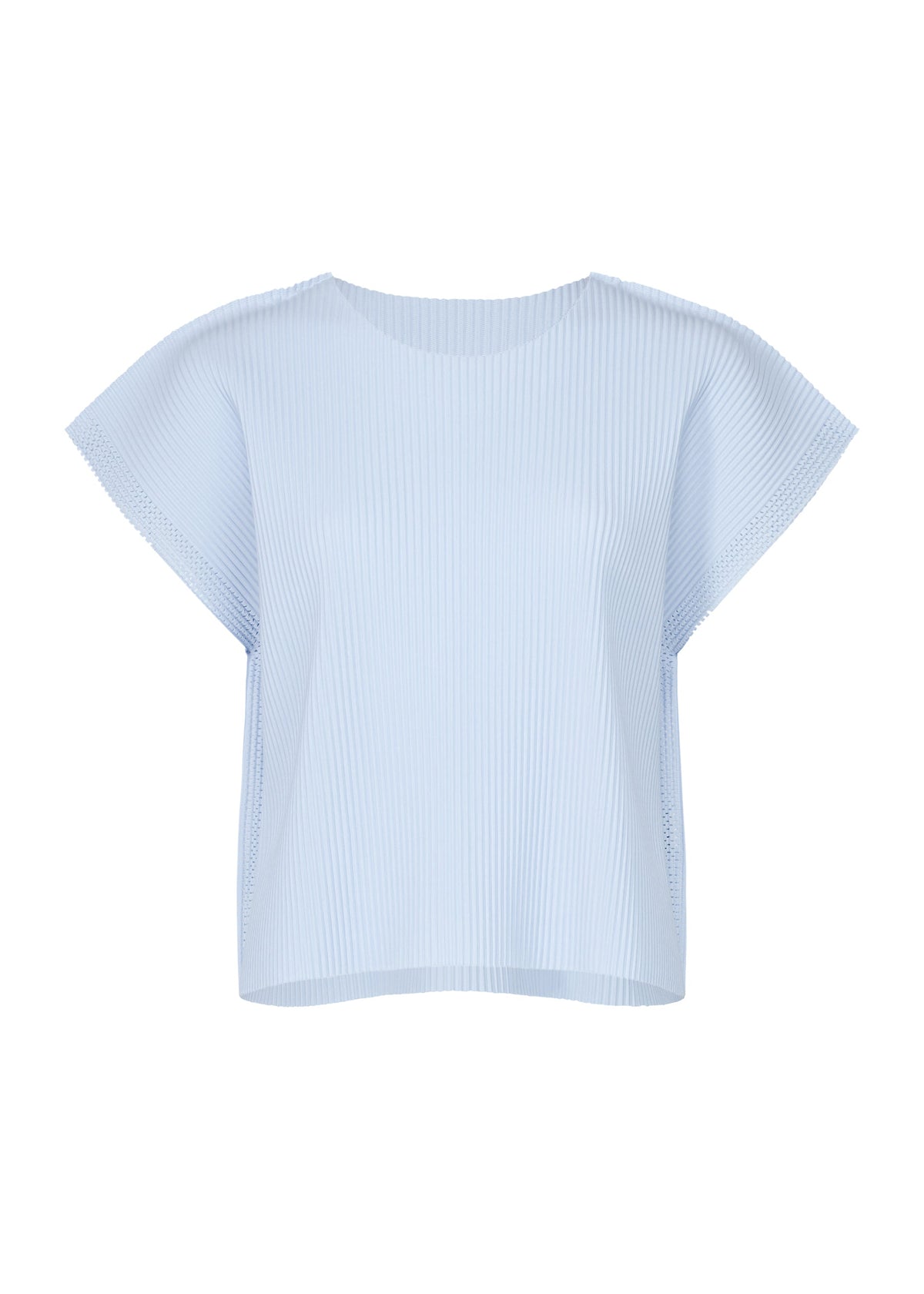 The MESH PLEATS by me ISSEY MIYAKE is a light blue short-sleeved top with a loose, boxy fit and fine knit pleats, crafted from lightweight knit and shown on a plain white background. view 3 of 8