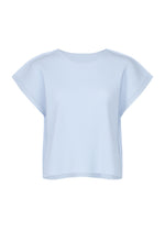 The MESH PLEATS by me ISSEY MIYAKE is a light blue short-sleeved top with a loose, boxy fit and fine knit pleats, crafted from lightweight knit and shown on a plain white background. - FOGGY BLUE （no.71）