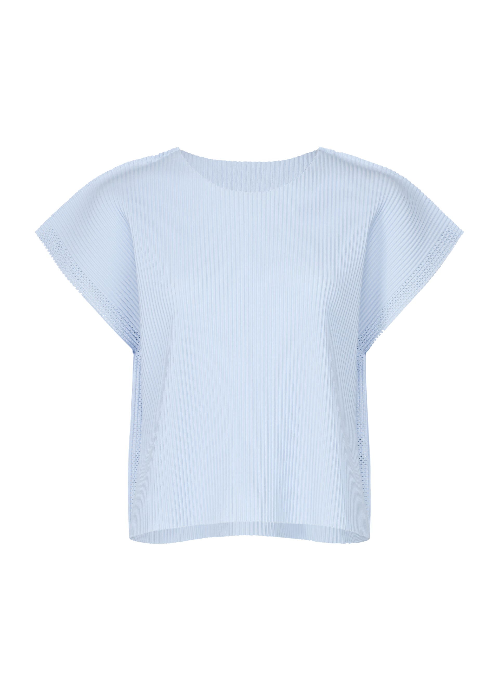 Zoomed view The MESH PLEATS by me ISSEY MIYAKE is a light blue short-sleeved top with a loose, boxy fit and fine knit pleats, crafted from lightweight knit and shown on a plain white background. - FOGGY BLUE （no.71）