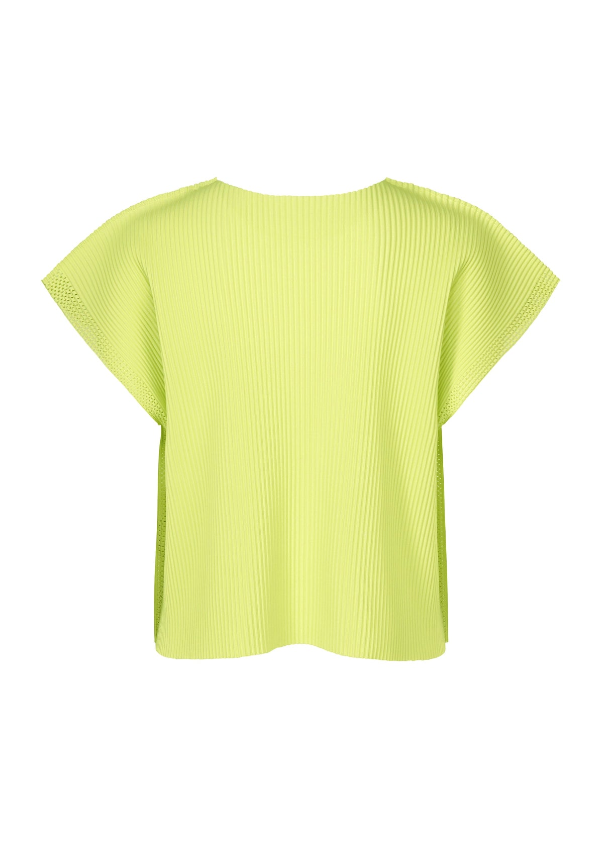 The MESH PLEATS by me ISSEY MIYAKE is a loose-fitting, short-sleeved top in light yellow-green with fine knit pleats and a pleated texture, shown from the back against a white background. view 4 of 8
