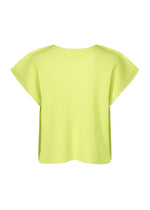 The MESH PLEATS by me ISSEY MIYAKE is a loose-fitting, short-sleeved top in light yellow-green with fine knit pleats and a pleated texture, shown from the back against a white background.